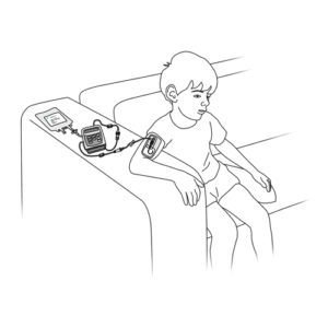 322.Child seated with PICC and CADD pump
