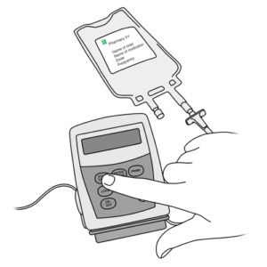 335e.Finger pressing start stop button on ambulatory infusion pump